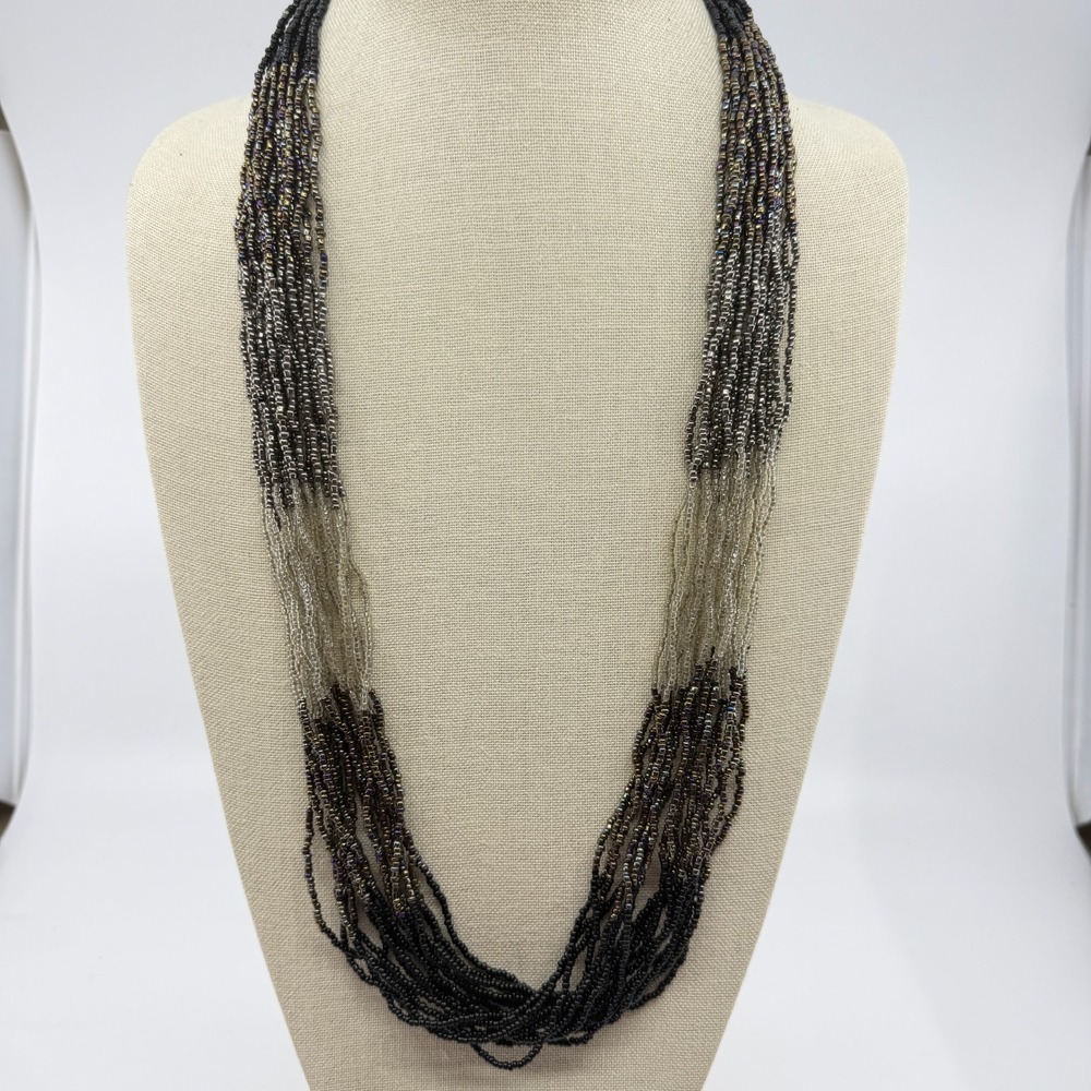 Multi Strand Seed Bead Ombre Statement Necklace Black Grey Bohemian Festival